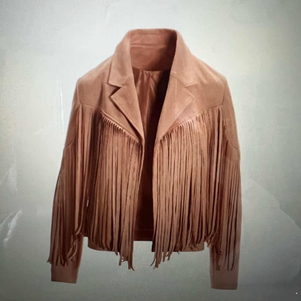 Tan Suede like Jacket with Fringe Details - Picture 2 of 4